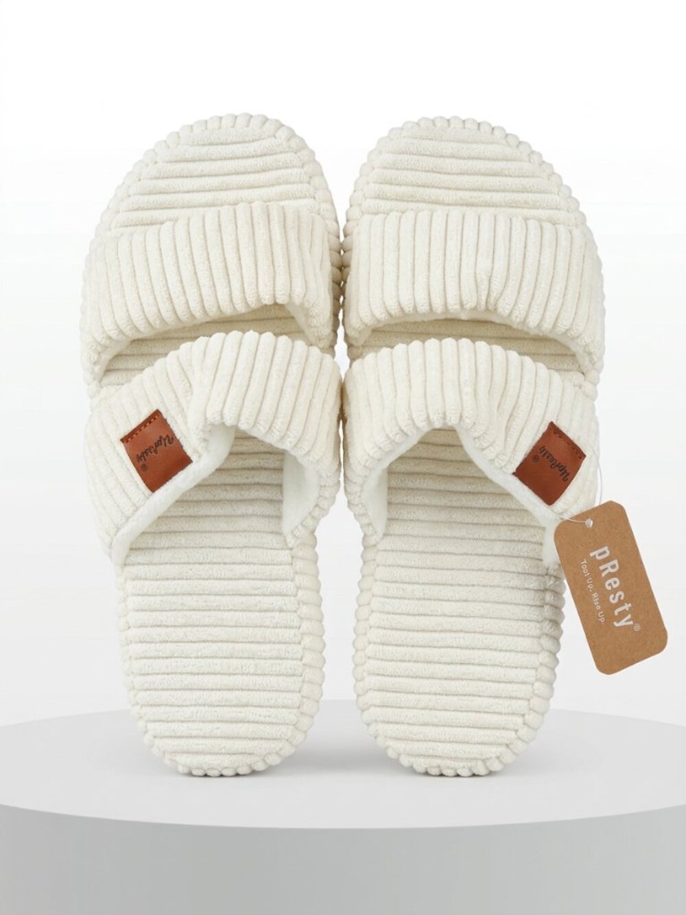 Womenโs Cream Ribbed Double Strap Slide Sandals โ Soft Cozy Comfort